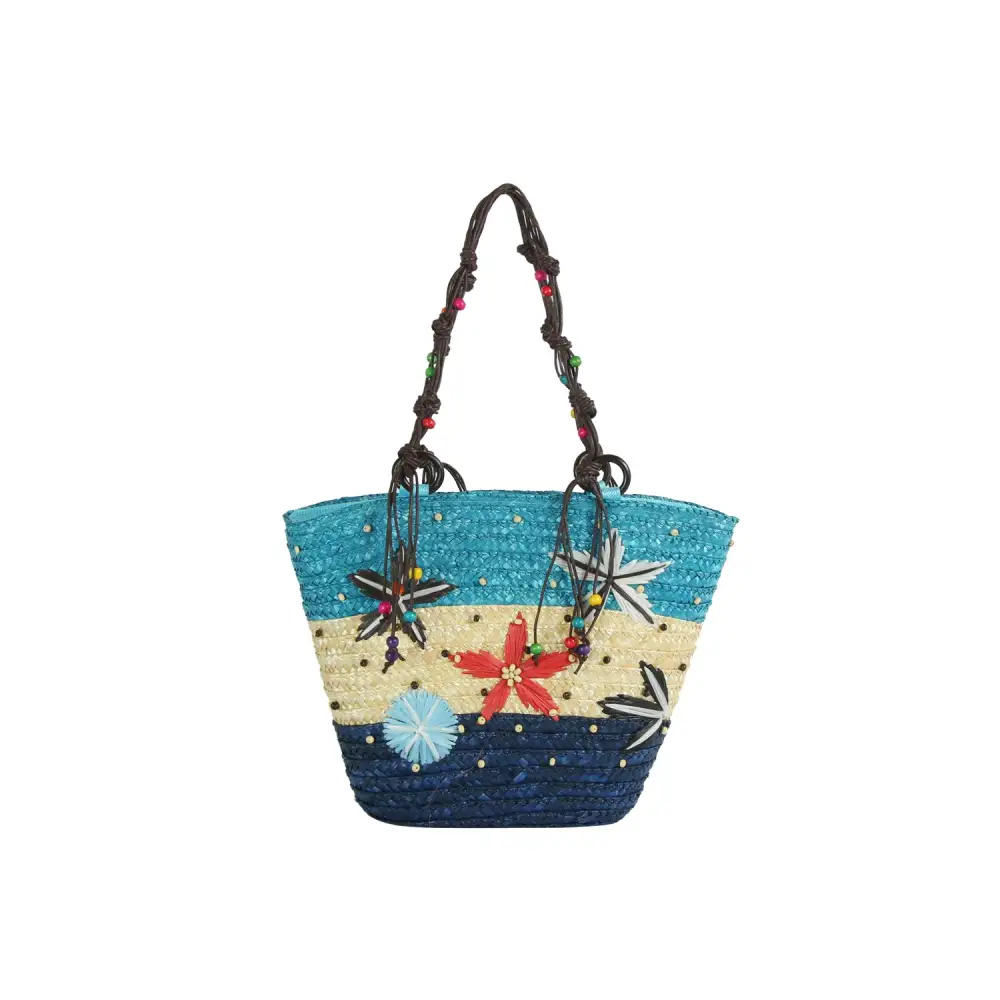 Beaded Floral Straw Shoulder Bag