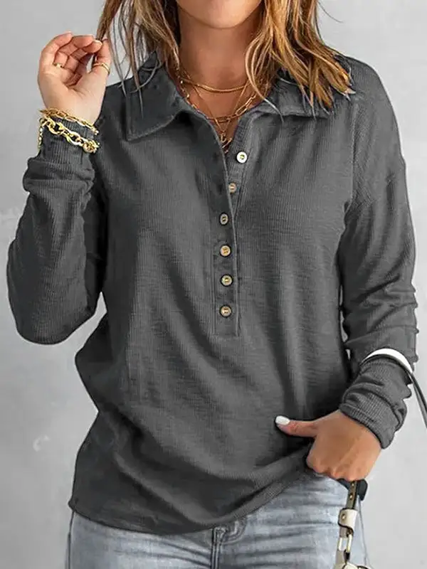 Long Sleeve Relaxed Button Detail Panel Detail Lapel T-Shirt