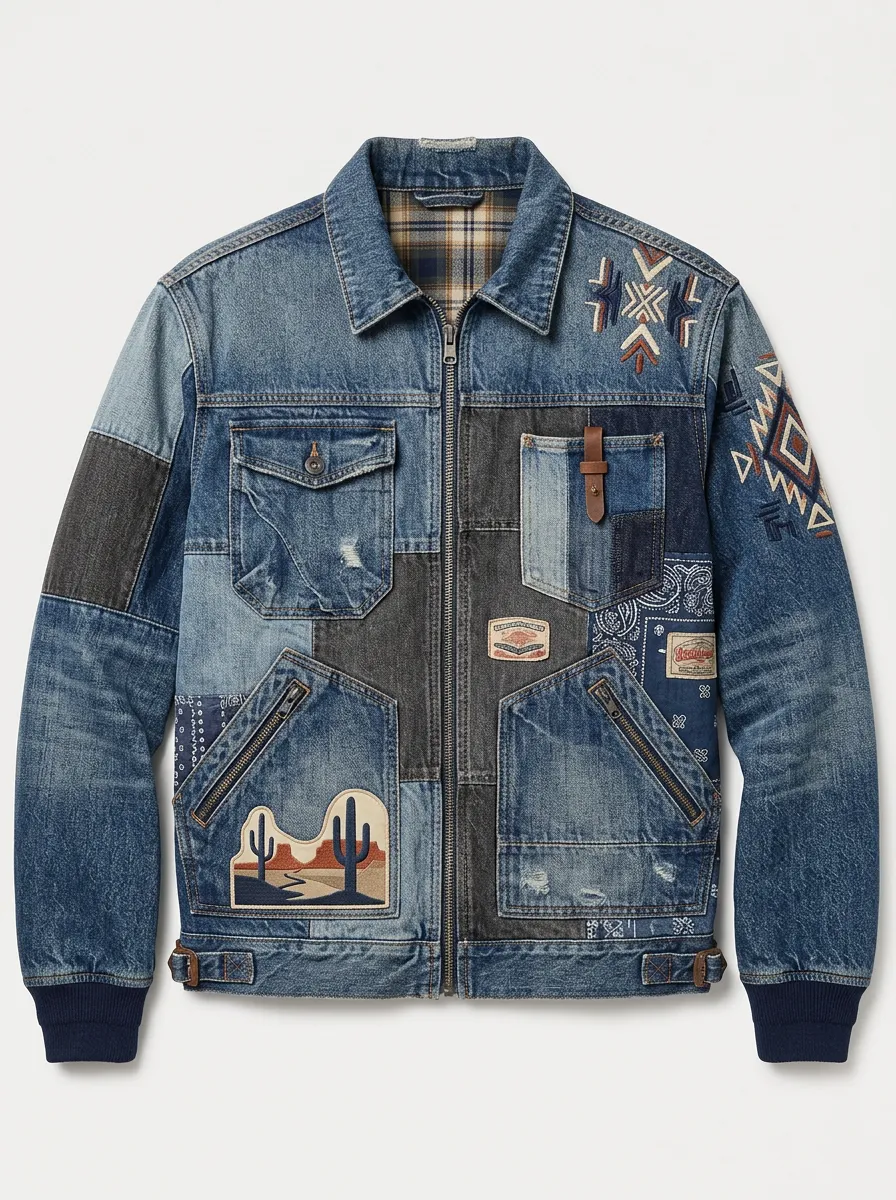 Men's Western Desert Cactus Patchwork Printed Denim Jacket