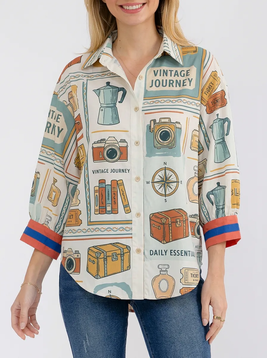 Women's Travel Lover Vintage Journey Camera Compass Printed Shirt