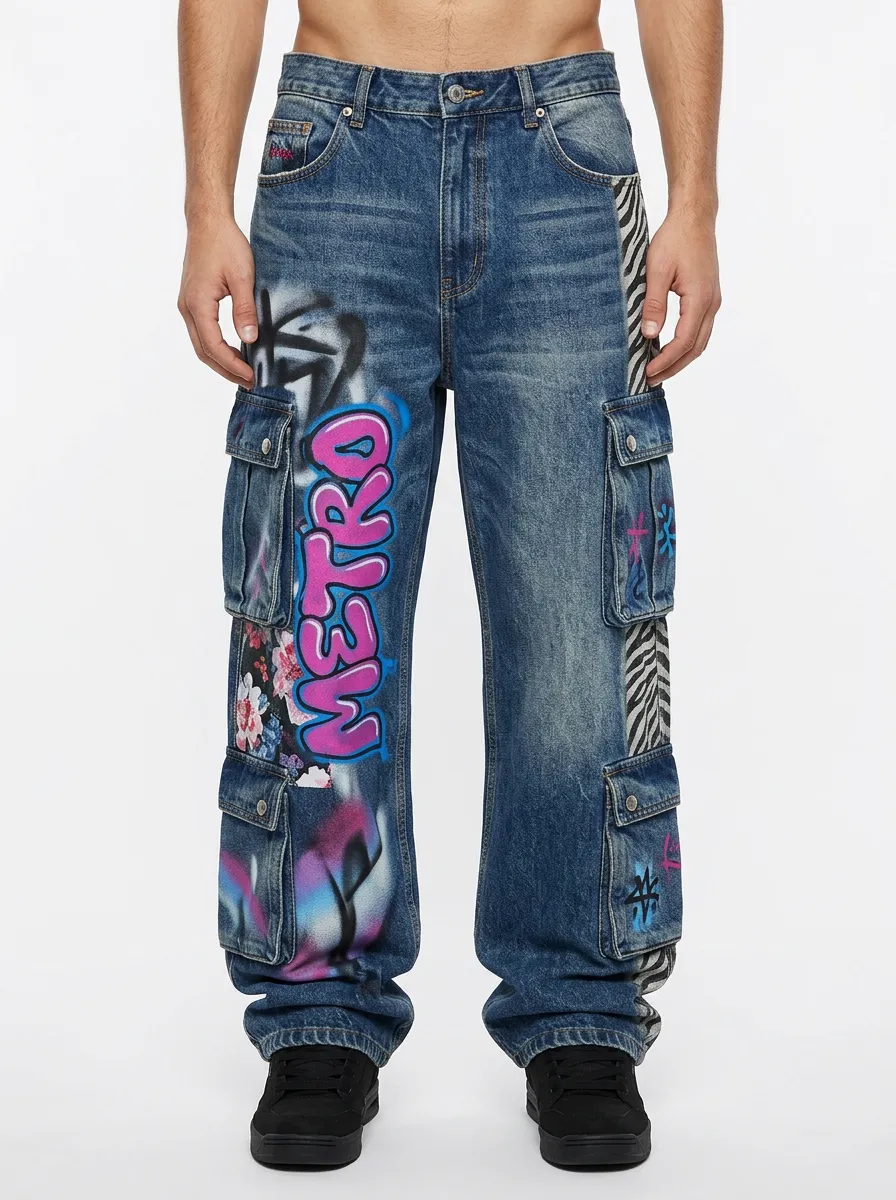 Men's Streetwear Metro Graffiti Zebra Floral Graphic Cargo Jeans