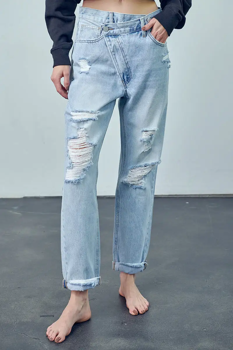 Women's High Rise Crossover Distressed Girlfriend Rigid Denim Jeans