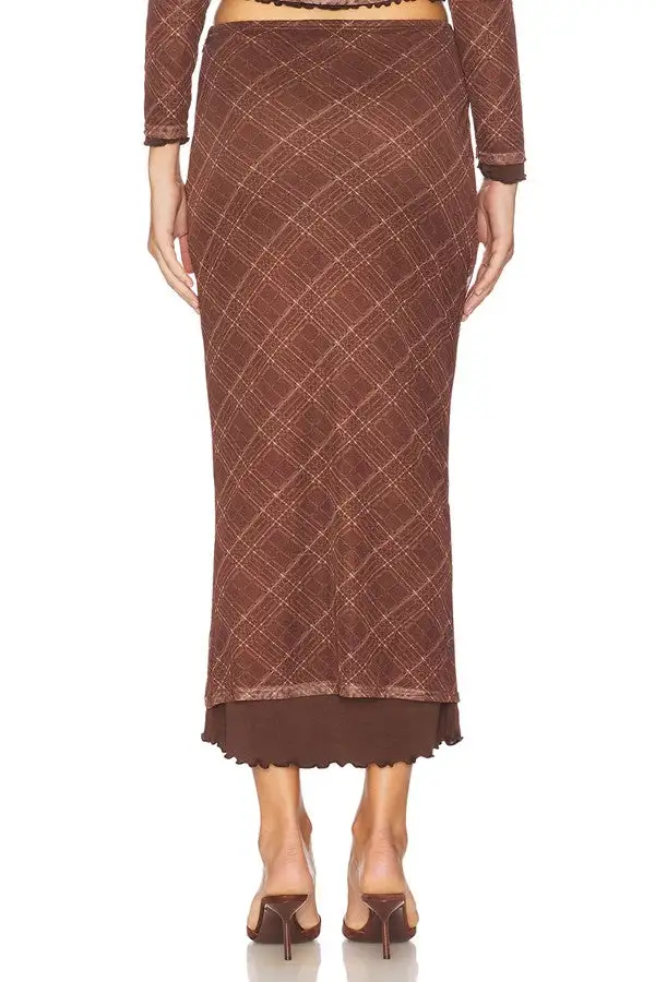 Women's Brown Plaid Knit Mermaid Midi Skirt