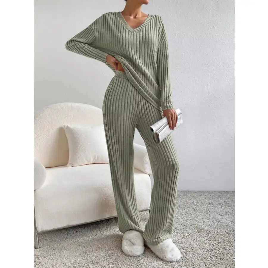 Classic Ribbed Knit Long Sleeve Top and Pants Set