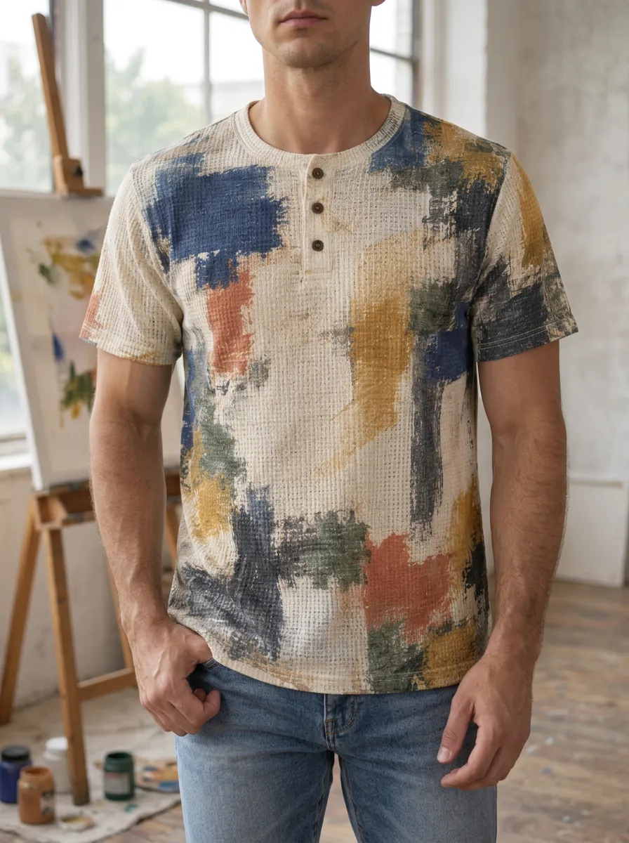 Men's Casual Abstract Paint Stroke Waffle Henley T-Shirt