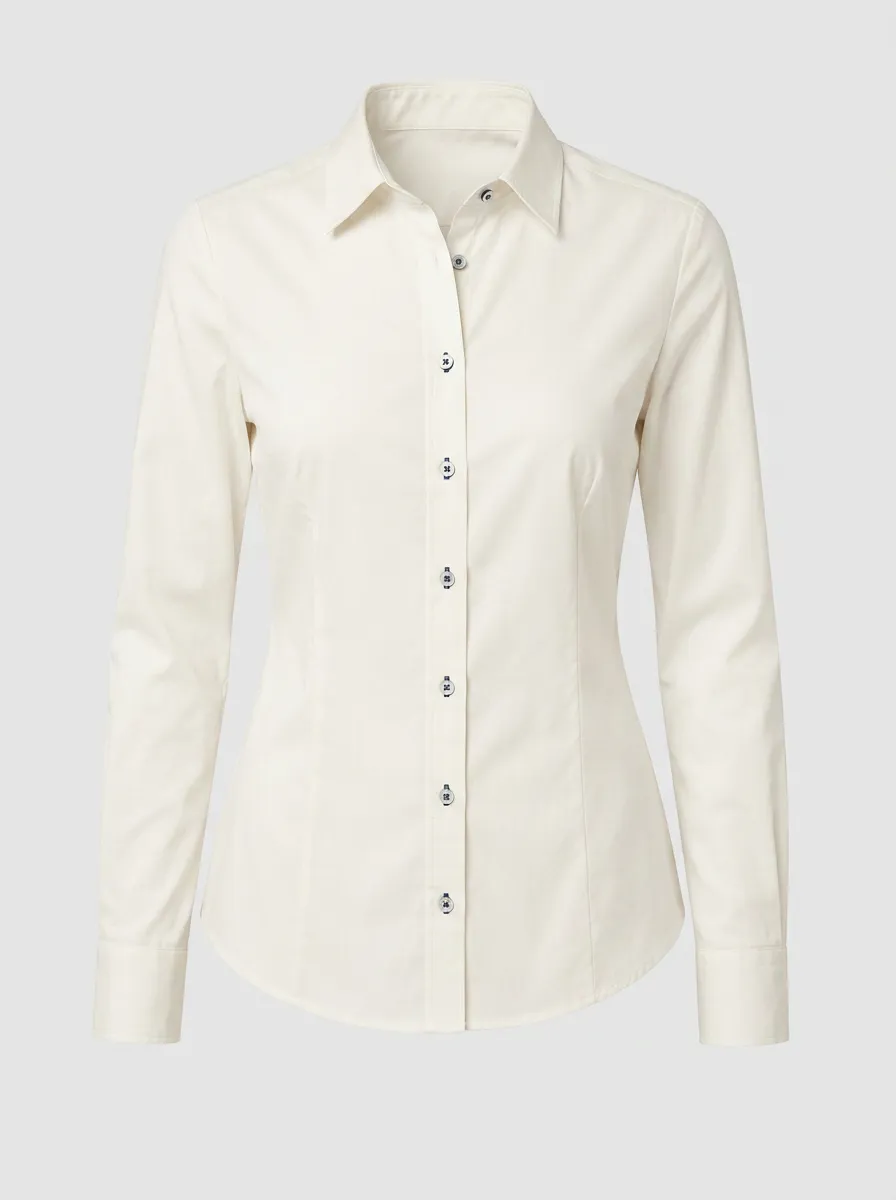 Women's Casual Business Cream Mixed-Material Button-Down Shirt