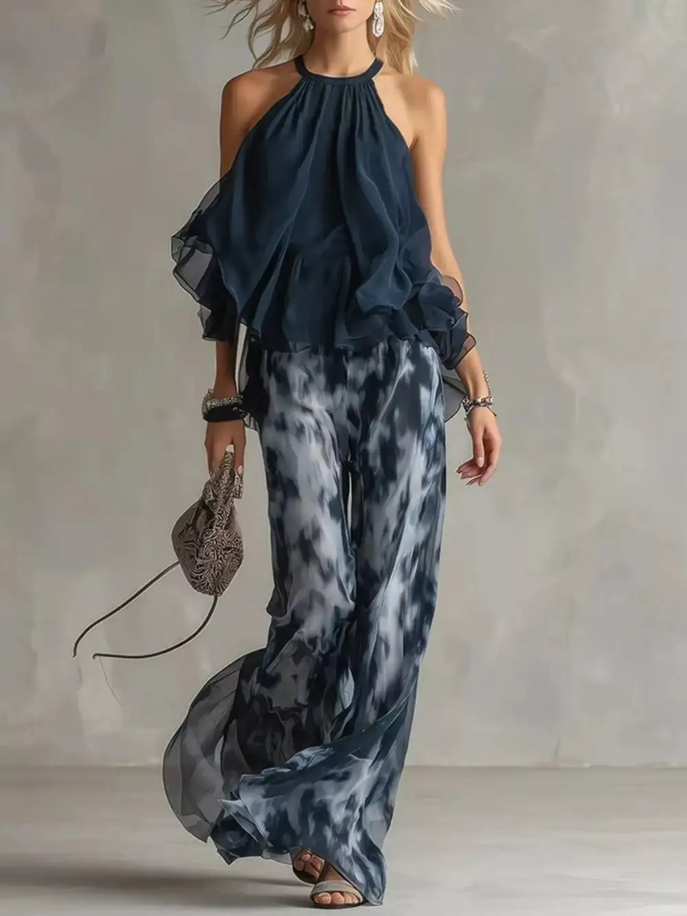 Halter Neck Top and Tie Dye Wide Leg Pants