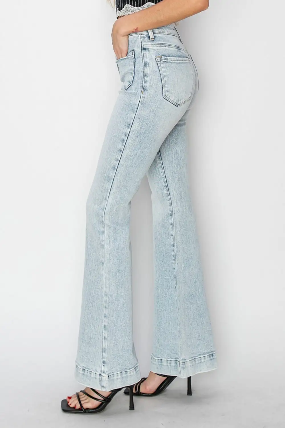 Structured High Waist Flare Leg Pocketed Denim Jeans