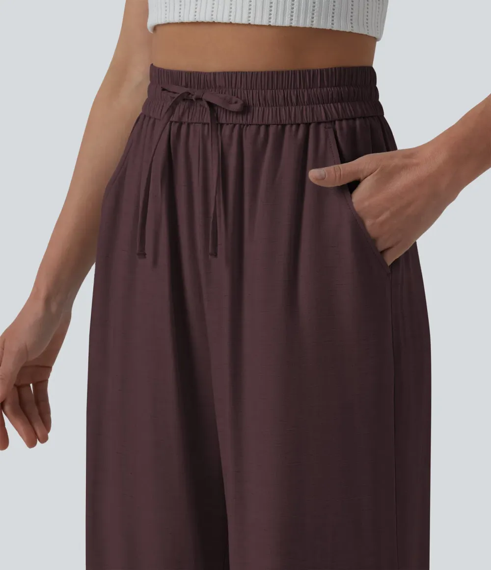 2026🔥High Waisted Drawstring Wide Leg Casual Linen-Blend Trousers with Pockets