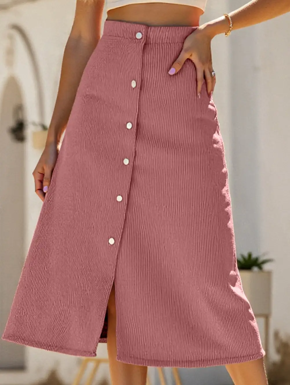 Corduroy Button Front Midi Skirt