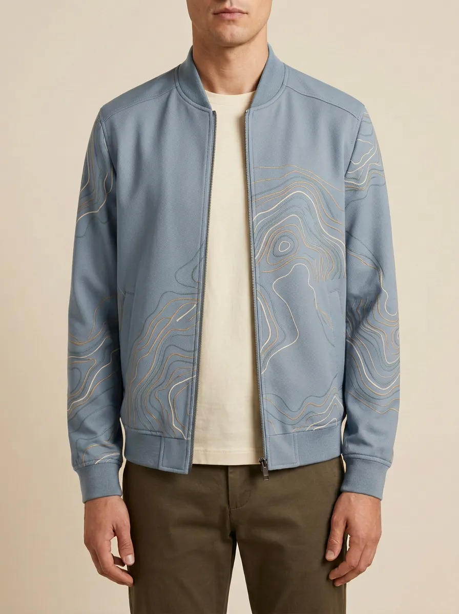 Topographic Print Welt Pockets Bomber Jacket