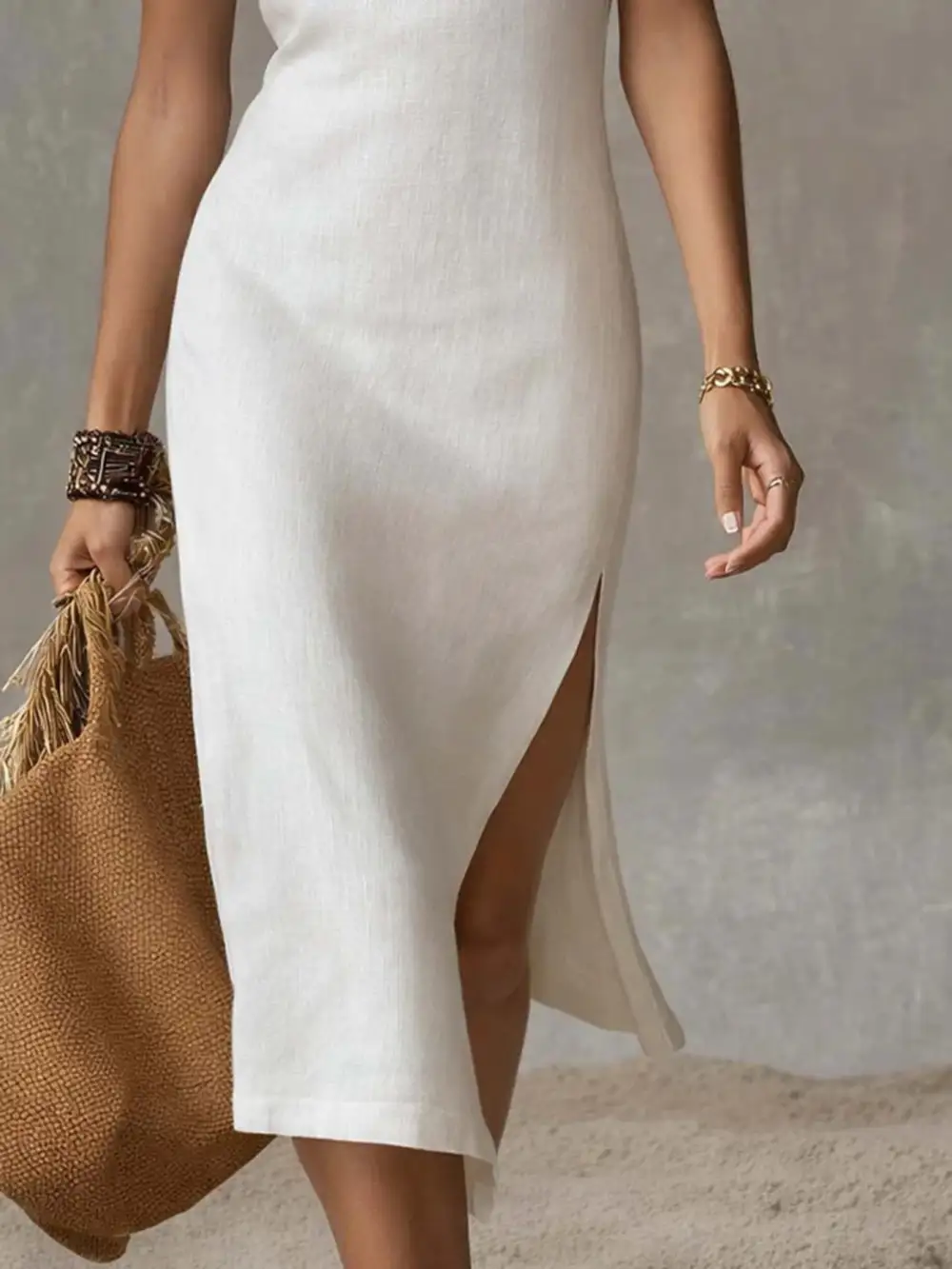 Mock Neck Slit Sleeveless Midi Dress