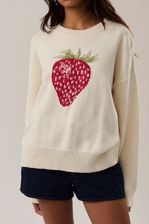 Cream Strawberry Embroidered Sweater