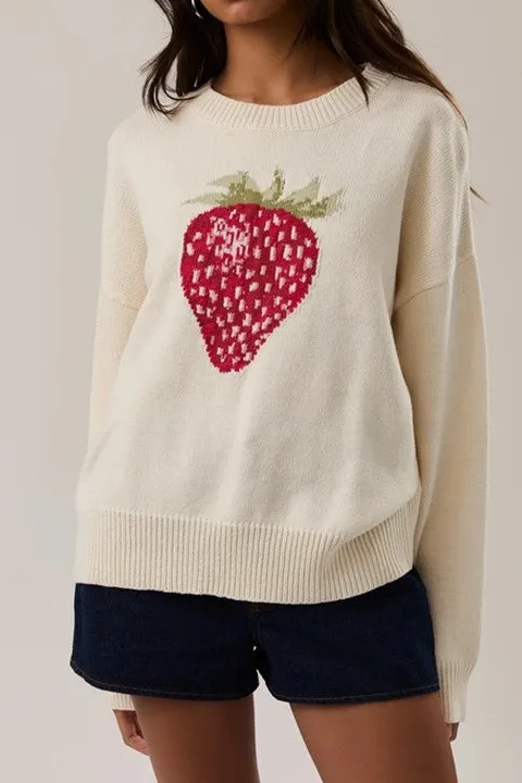 Cream Strawberry Embroidered Sweater