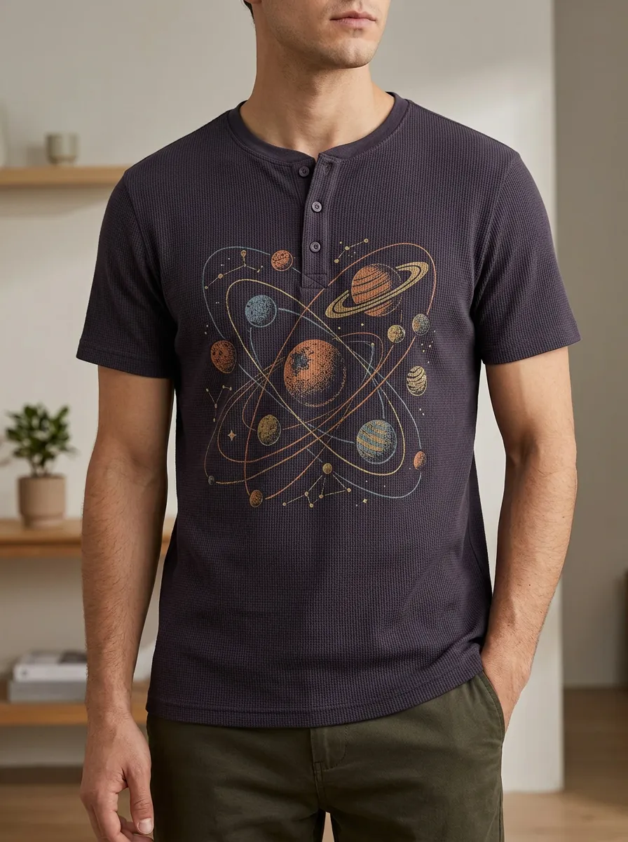 Men's Casual Astronomy Lover Solar System Henley T-Shirt