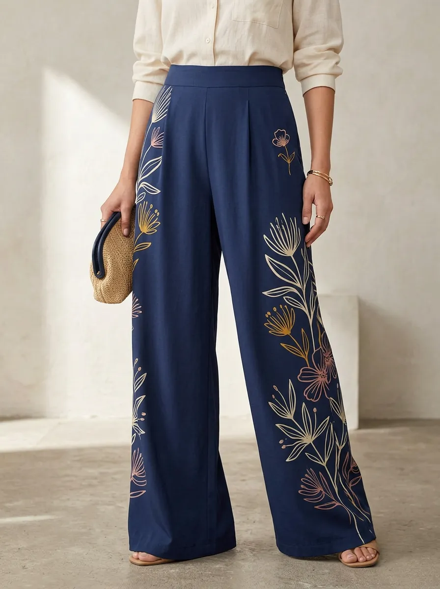 Women's Navy Floral Embroidered High-Rise High-Waisted Wide-Leg Trousers