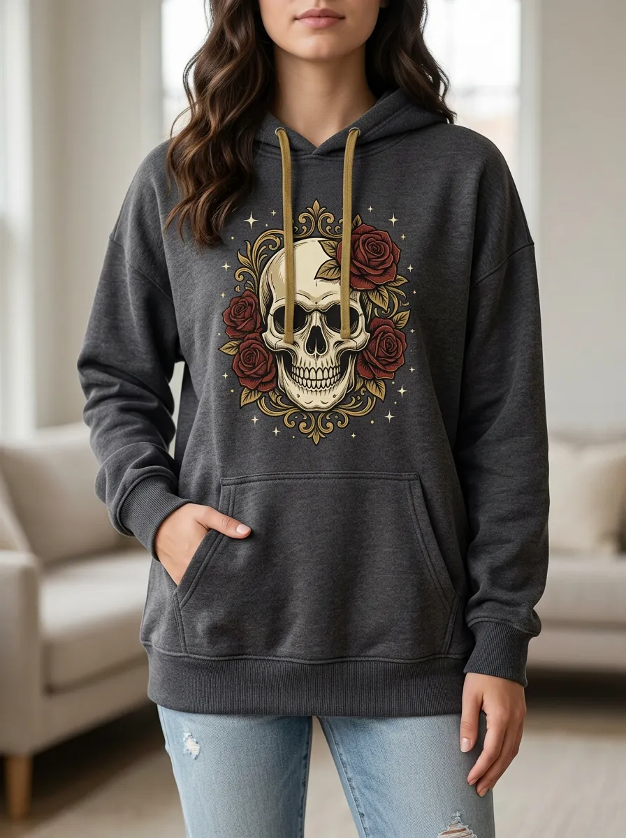 Women's Halloween Gothic Skull Rose Printed Hoodie