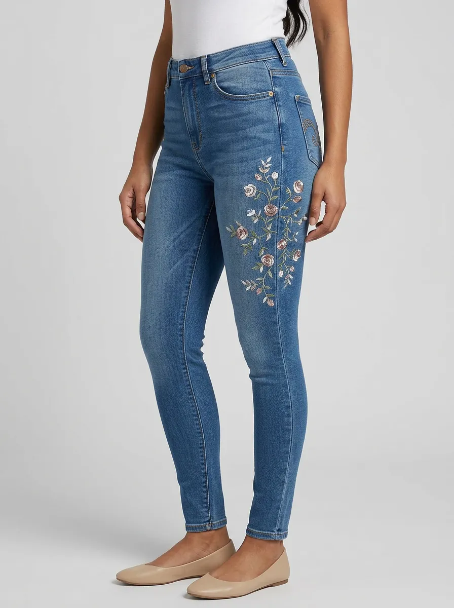 Women's Floral Rose Embroidery Printed Slim Jeans