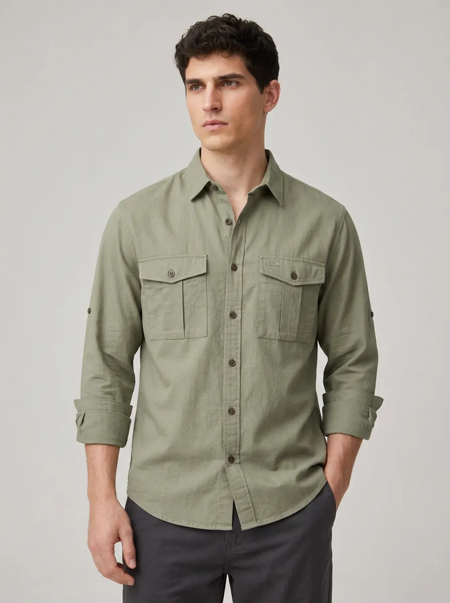 Men's Sage Green Utility Button-Down Shirt