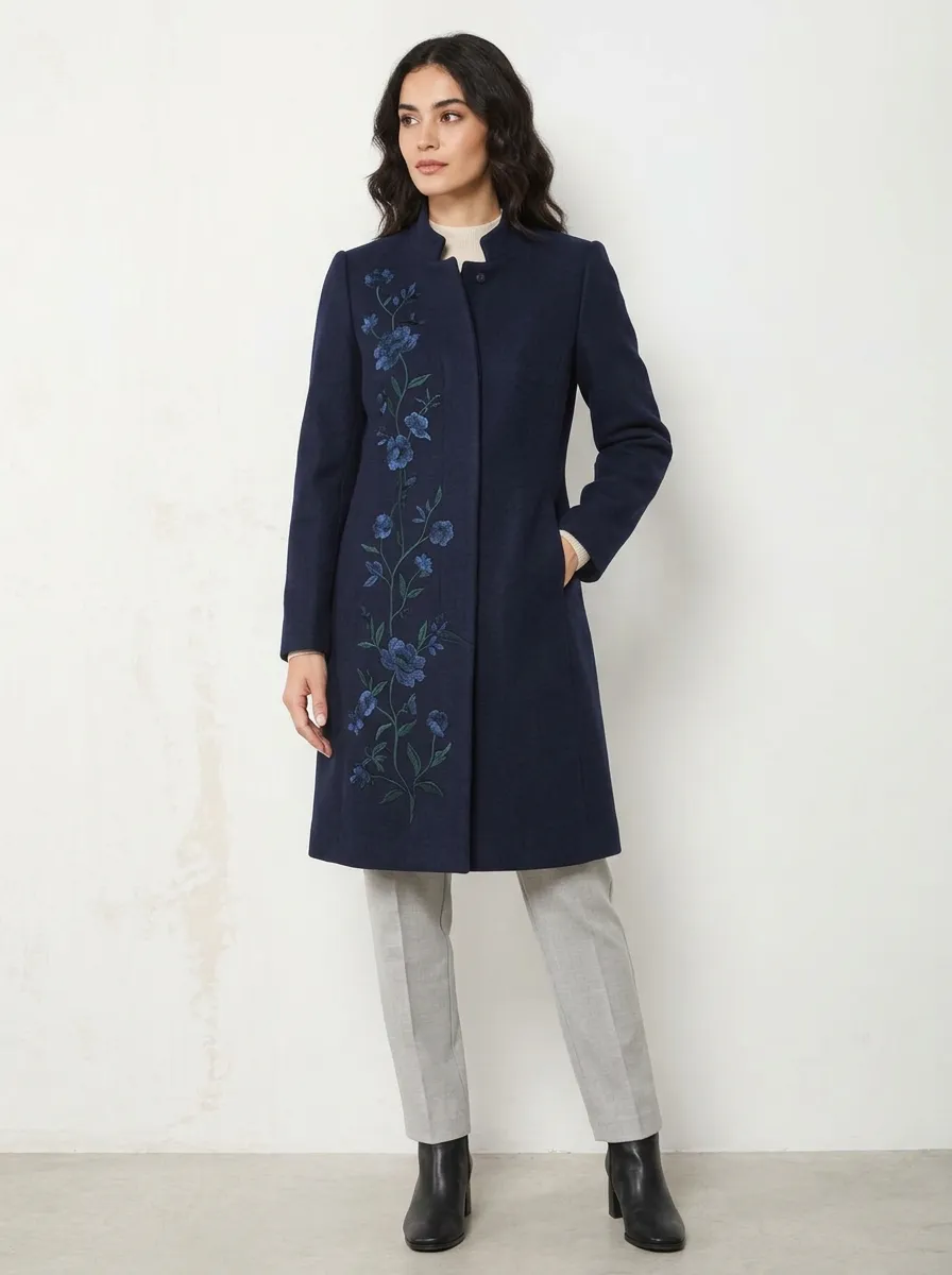 Women's Floral Lover Navy Blue Embroidered Coat