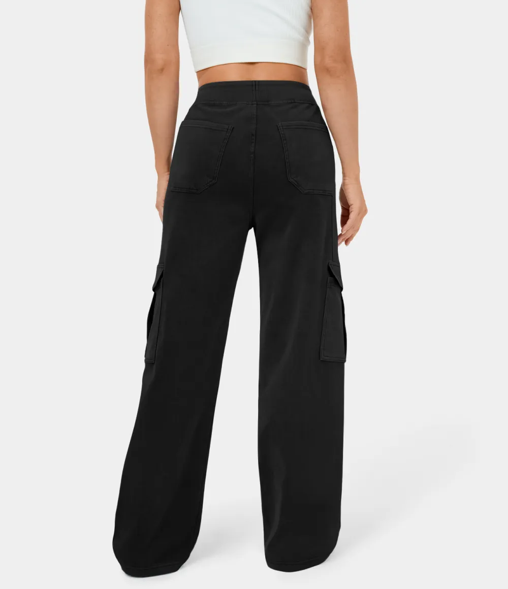 Magic Mid Rise Multiple Pockets Straight Leg Stretchy Knit Casual Cargo Jeans