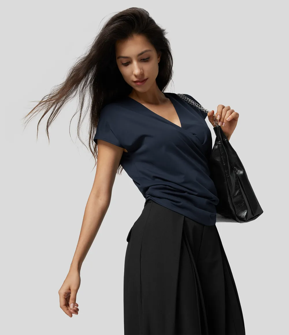 V Neck Cap Sleeve Crossover Ruched Solid Work Blouse