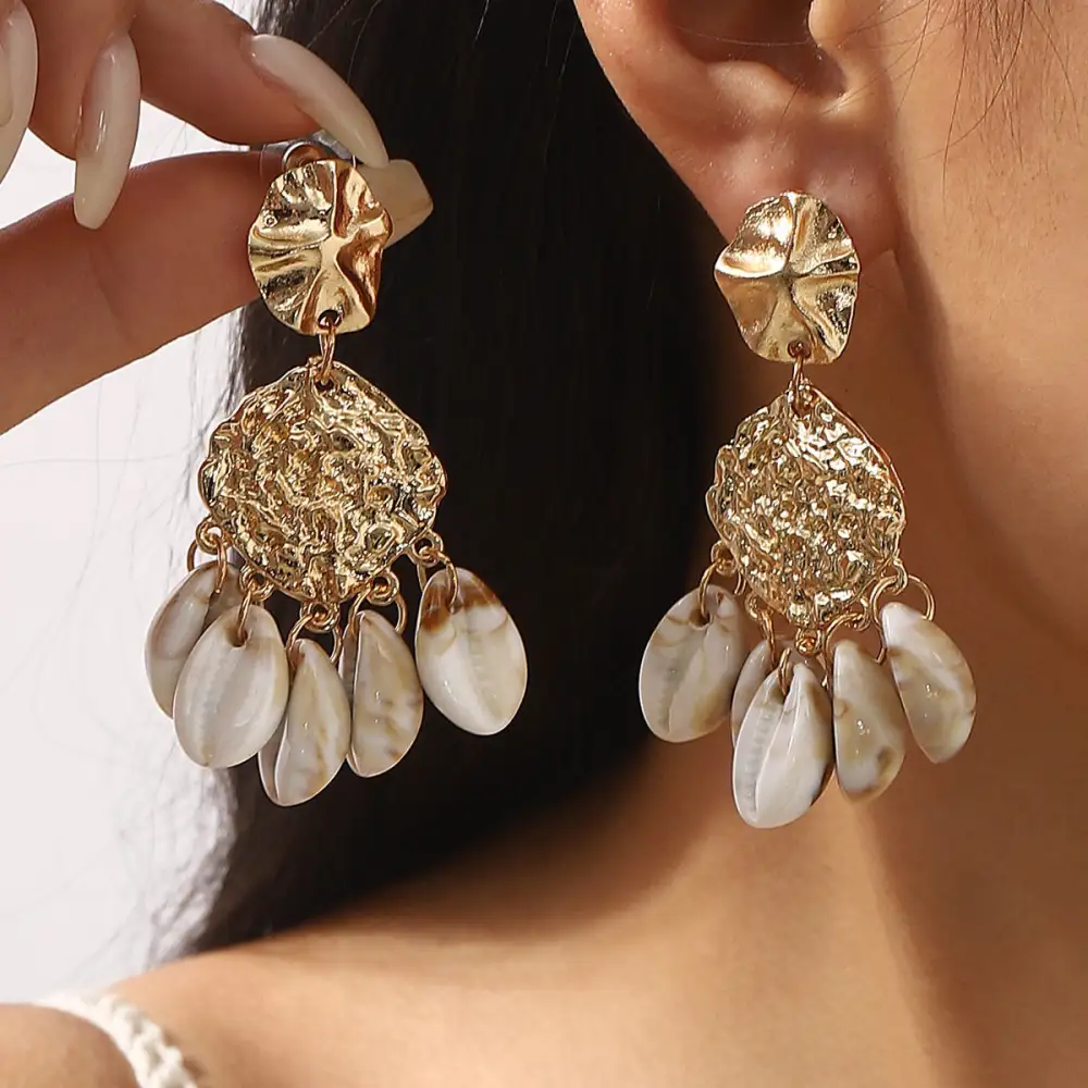 Retro Geometric Shell Pearl Fringe Earrings