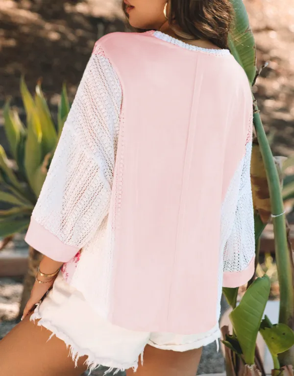 Women's Floral Print Patchwork Crochet Top