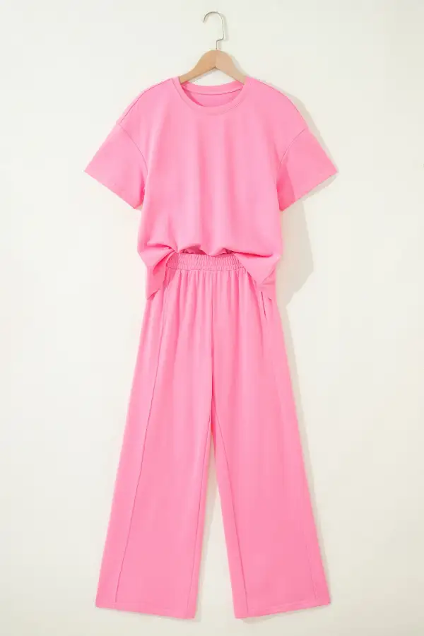 Women's Solid Cover Oversize Tee Pocketed Casual Pants Two Piece Outfit