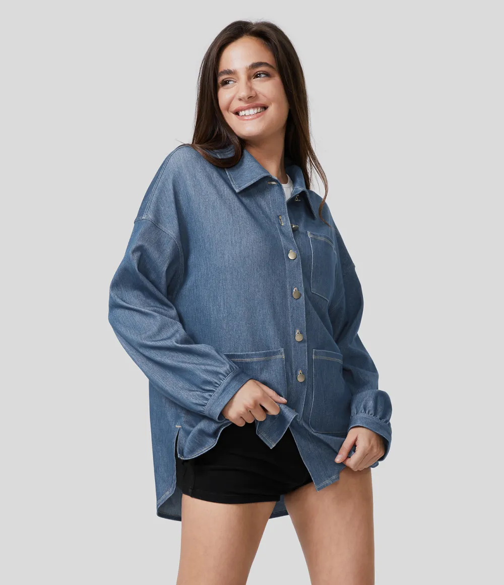 Magic Collared Multiple Pockets Button Front Split Curved Hem Stretchy Knit Denim Work Oversize Jacket