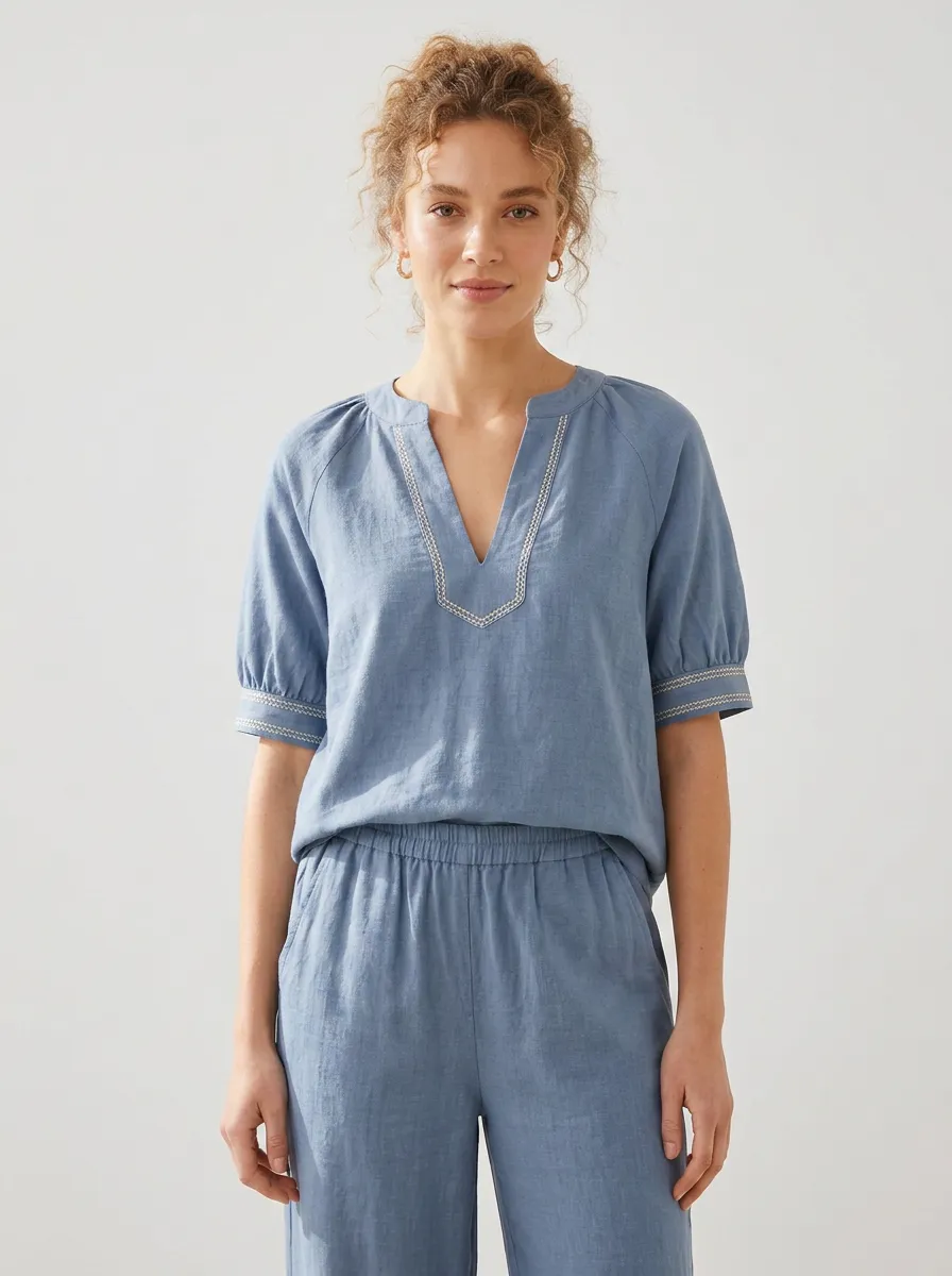 Short-Sleeve Embroidered Women's V-Neck Shirt