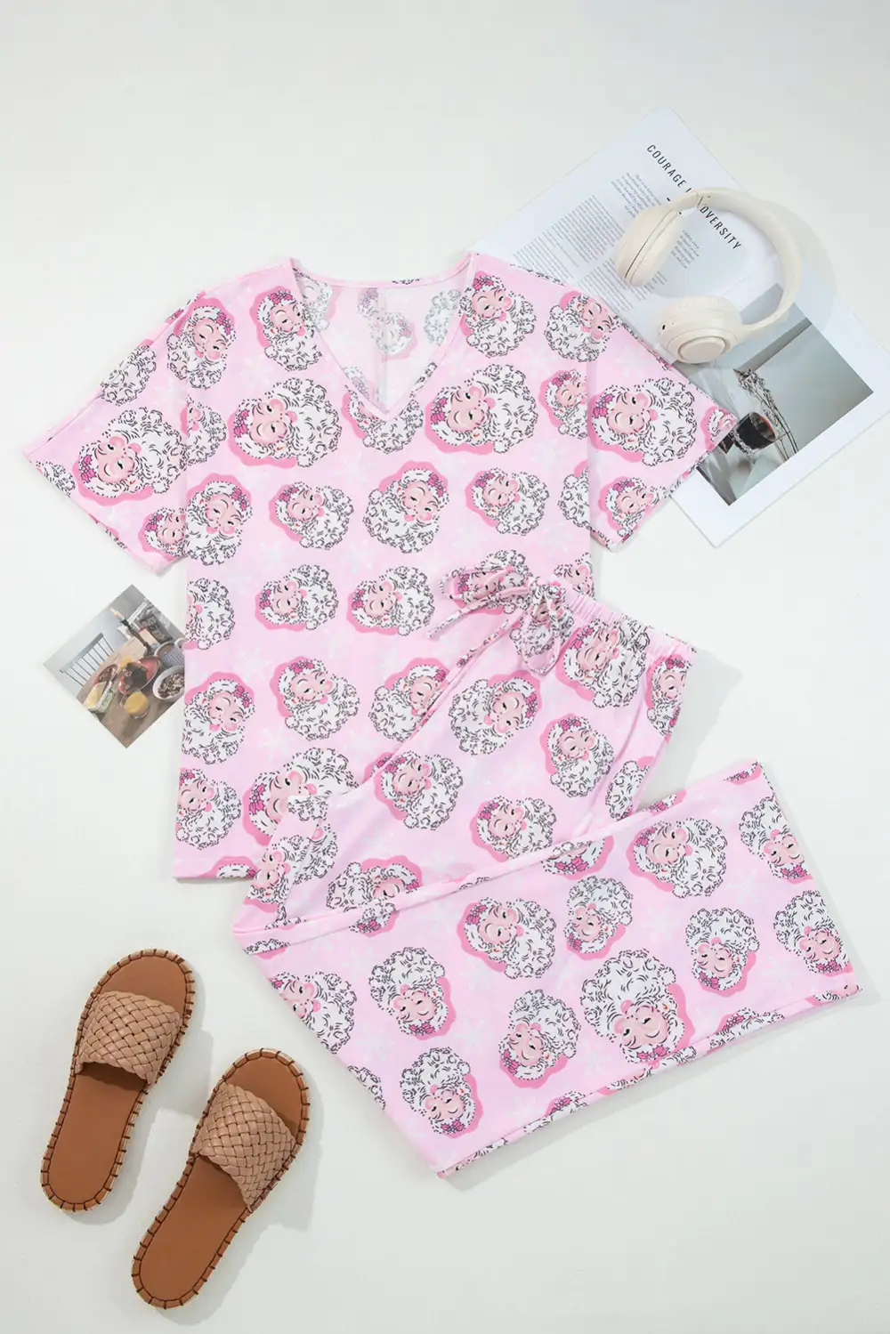 Women's Santa Claus Print V Neck Tee Drawstring Pants Two Piece Lounge Set