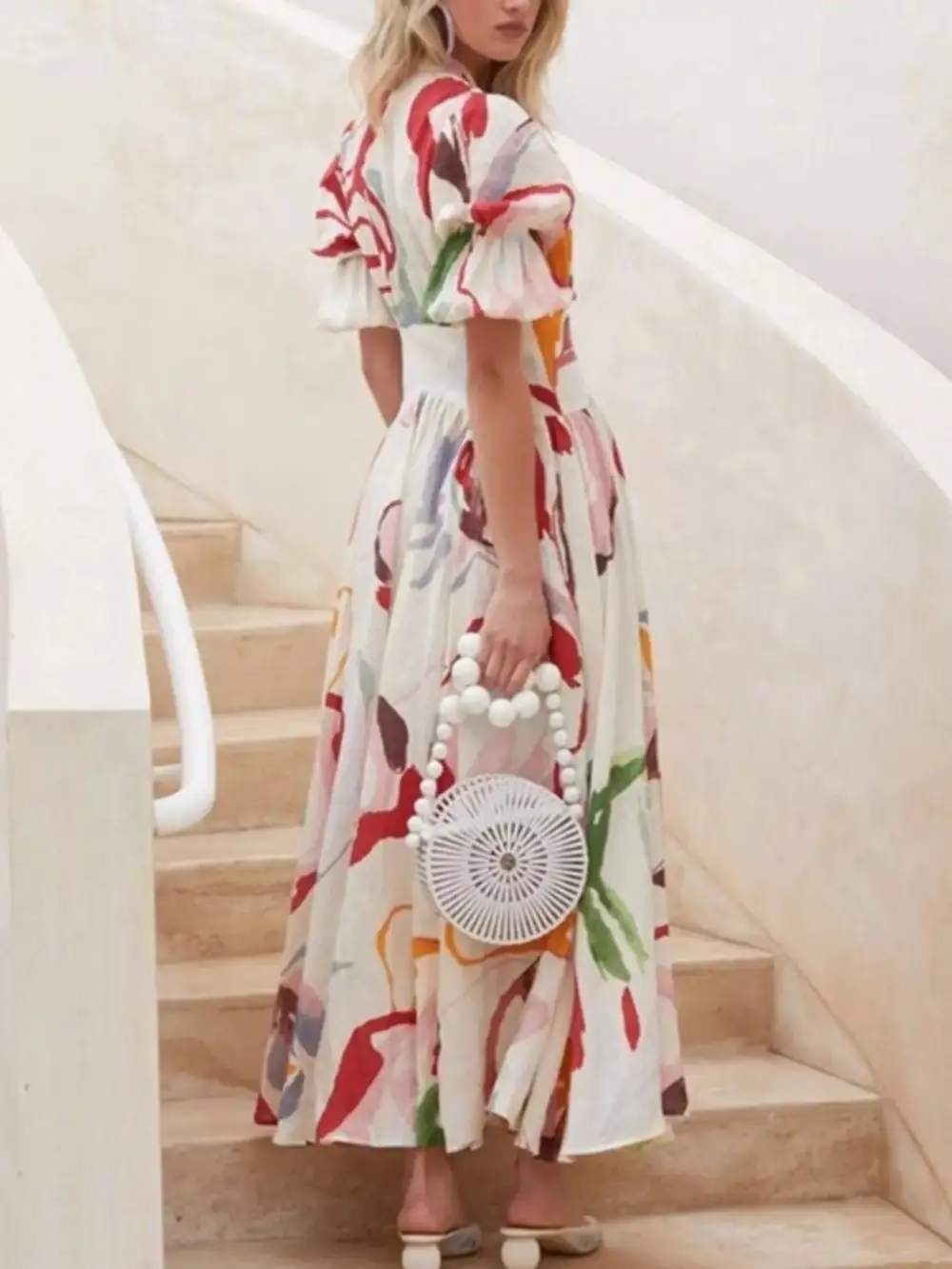Abstract Print Puff Sleeve Midi Dress