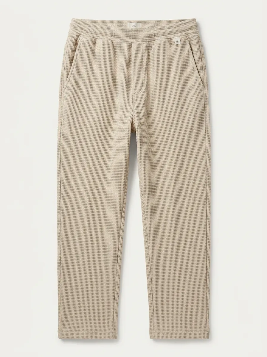 Casual Beige Waffle Knit Elastic Waist Jogger Pants for Unisex Wear
