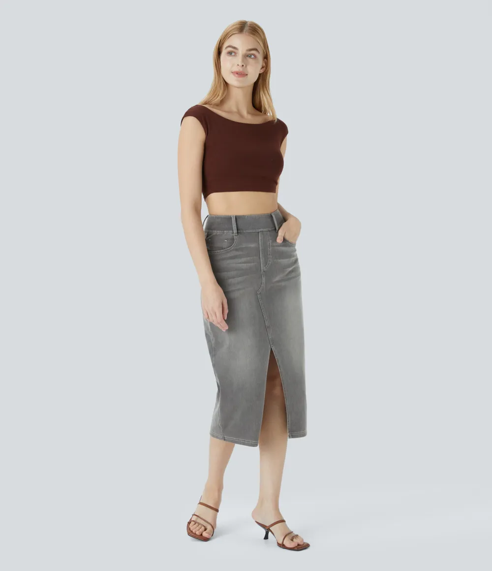 Magic High Waisted Multiple Pockets Bodycon Split Washed Stretchy Knit Denim Casual Midi Skirt