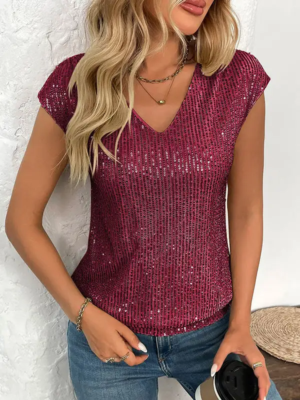 Batwing Sleeve Relaxed Sequined Shiny V-Neck T-Shirt
