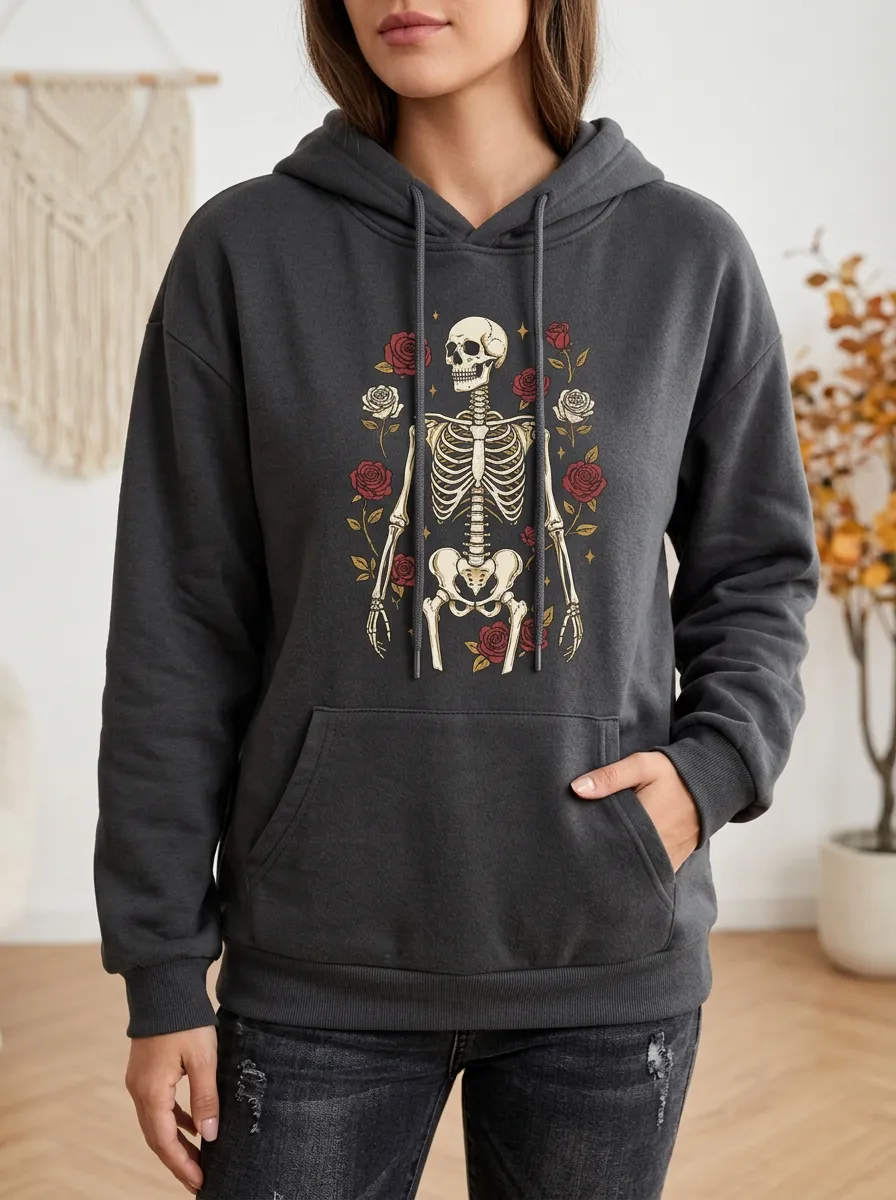 Women's Halloween Skeleton Floral Ribbed Trim Graphic Hoodie