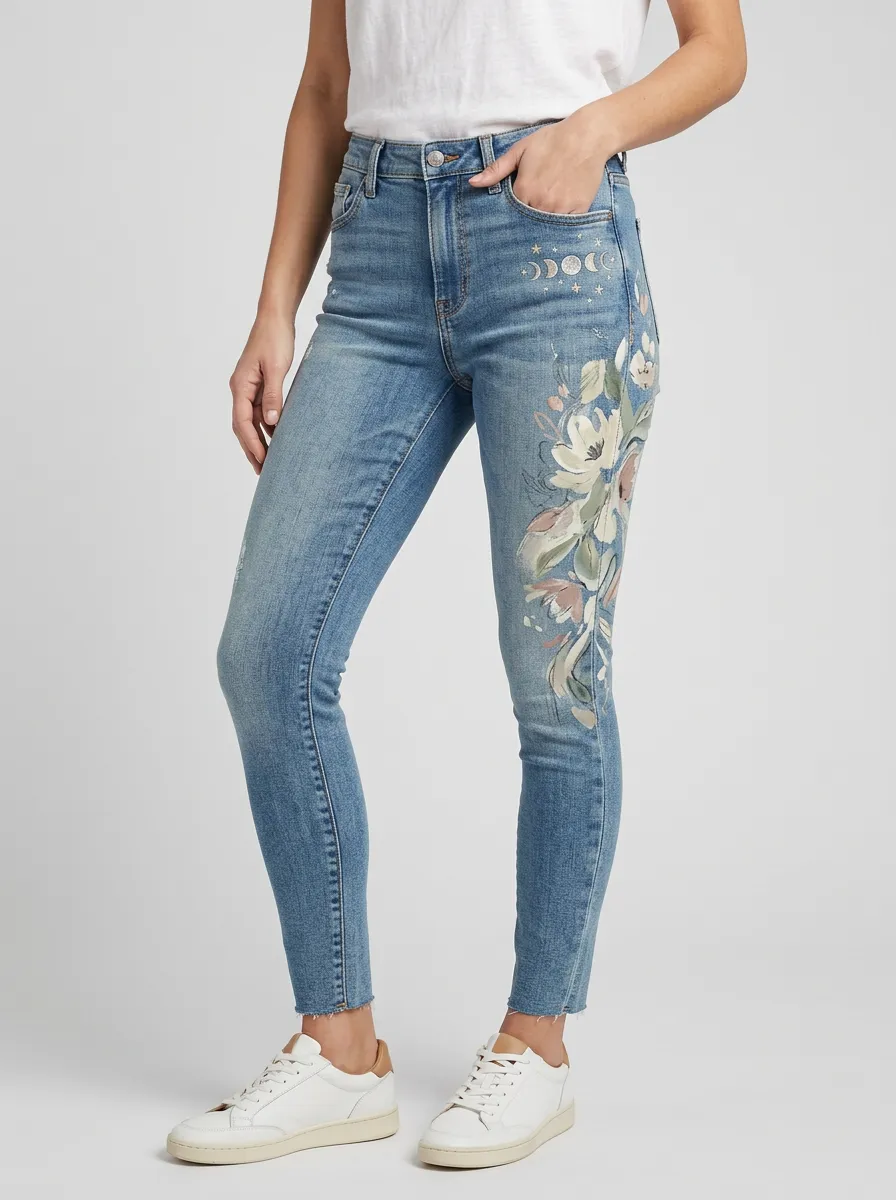 Women's Celestial Floral Moon Phase Printed Slim Jeans
