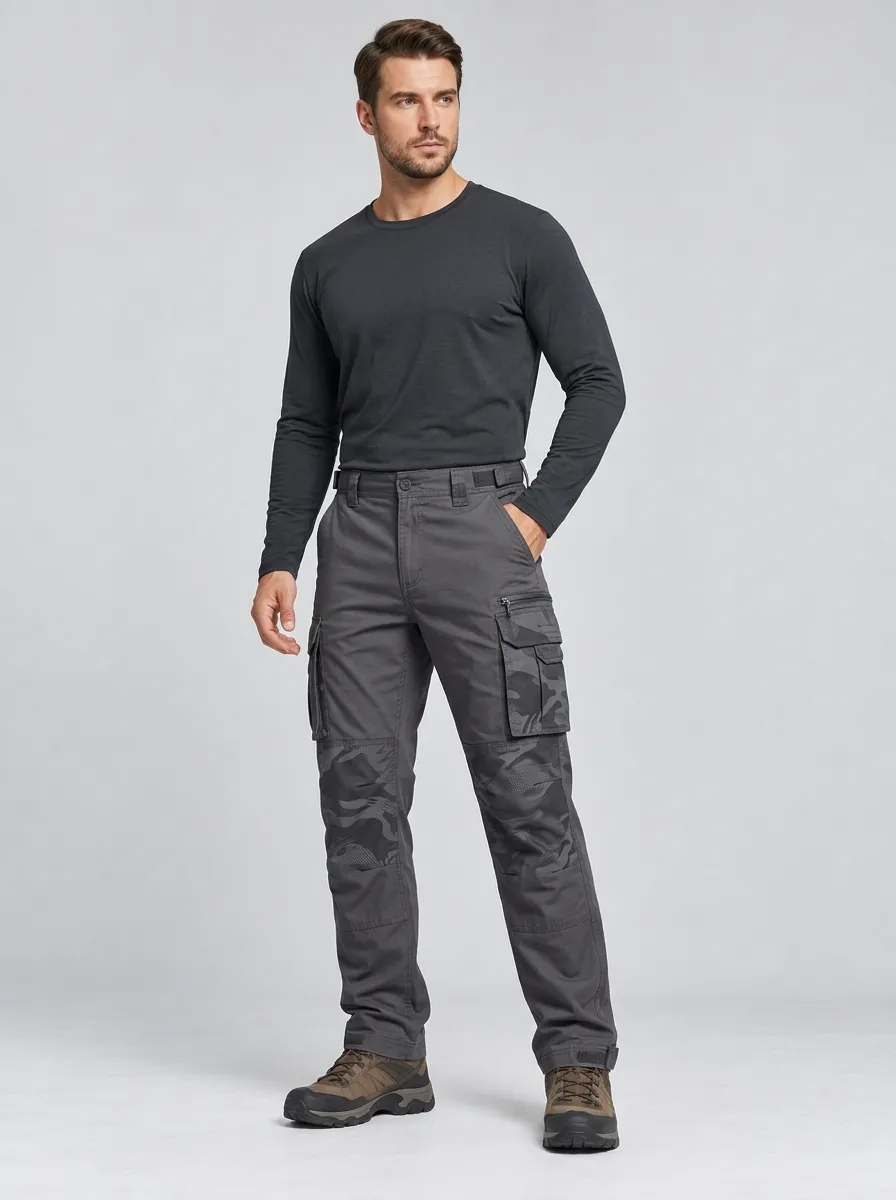 Men's Charcoal Grey Camo Multi-Pocket Adjustable Hem Tactical Cargo Pants