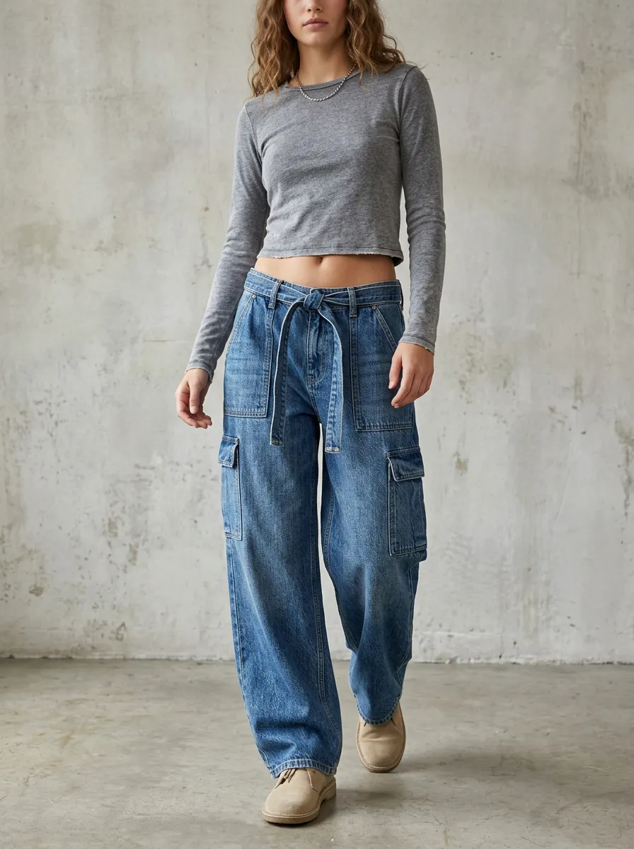 Women's Casual Fashion Blue Denim Tie-Waist Cargo Pants