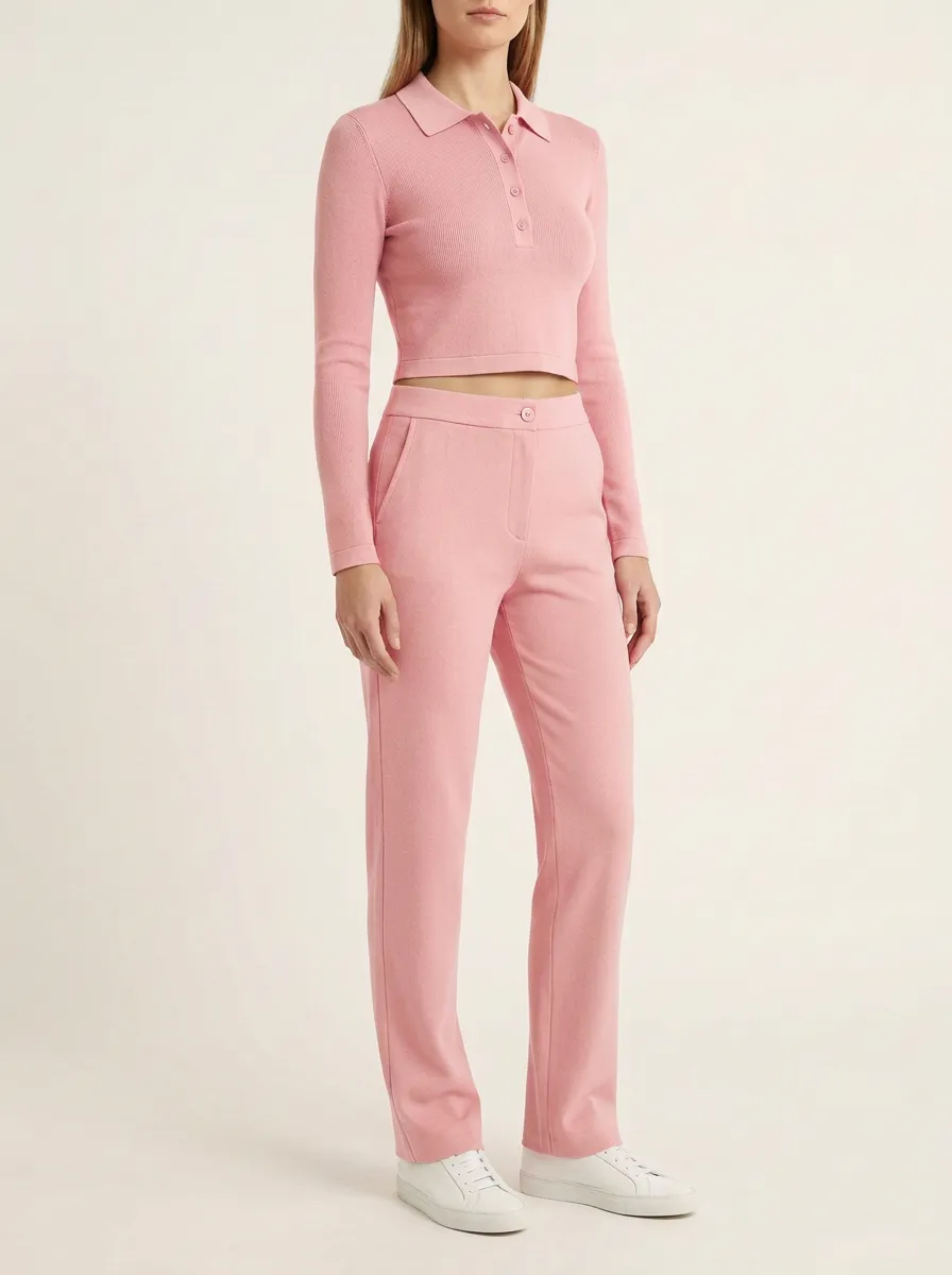 Women's Ribbed Polo Crop Top and Button-Fly Straight-Leg Trouser Set