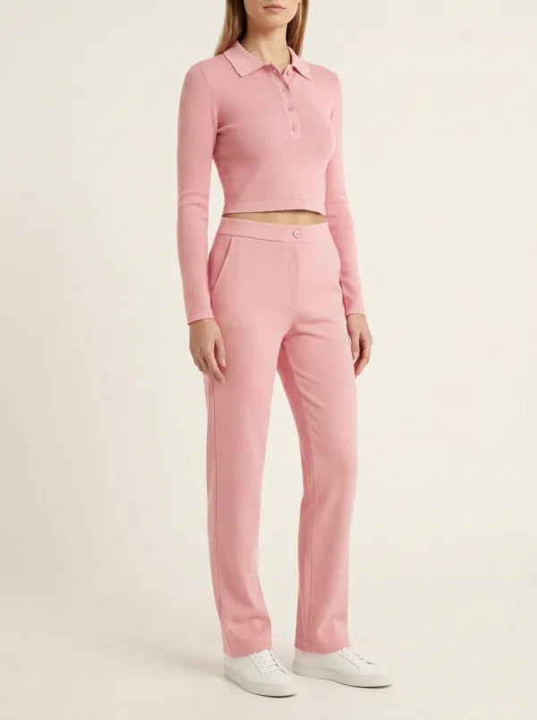 Women's Ribbed Polo Crop Top and Button-Fly Straight-Leg Trouser Set