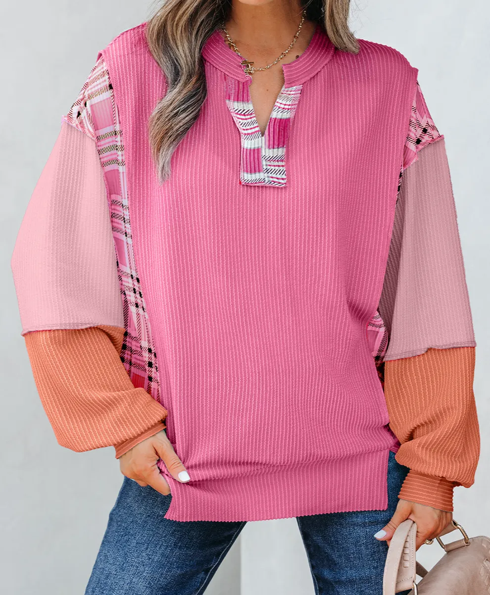 Plaid Split Hem Relaxed Viscose Blend Long Sleeve Top