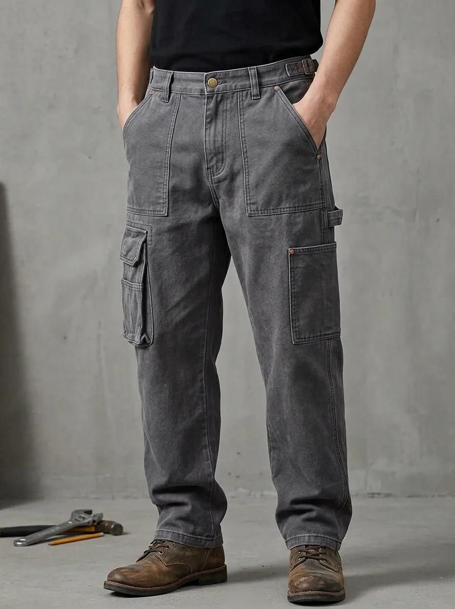 Men's Heavy Duty Grey Multi-Pocket Cargo Work Pants