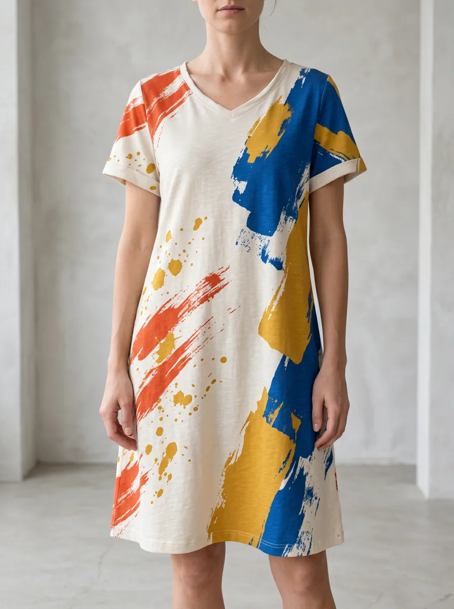 Women's Abstract Paint Splatter Printed V-Neck Dress
