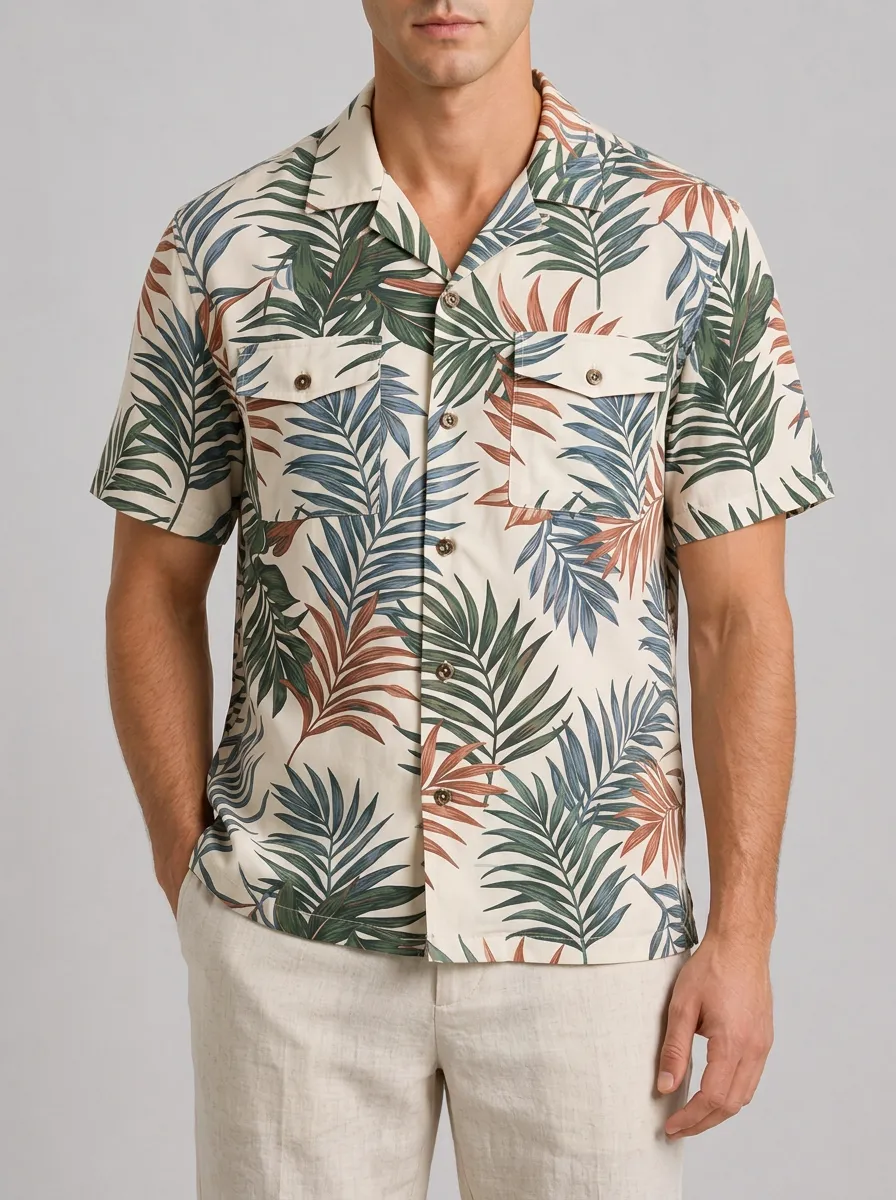 Men's Tropical Print Camp Collar Shirt with Button-Front