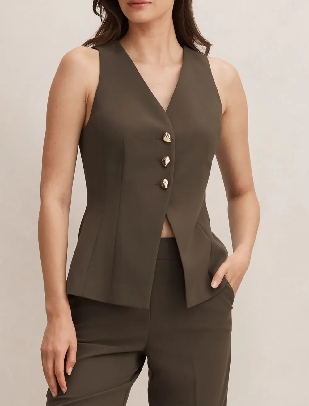 Olive Green Sleeveless V-Neck Button Waistcoat