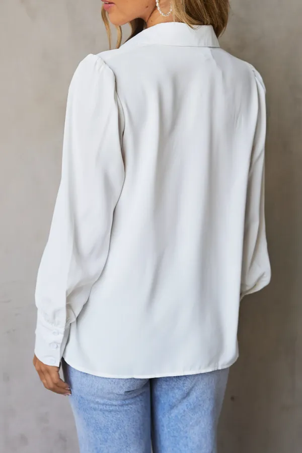 Solid Color Button Up Puff Sleeve Blouse