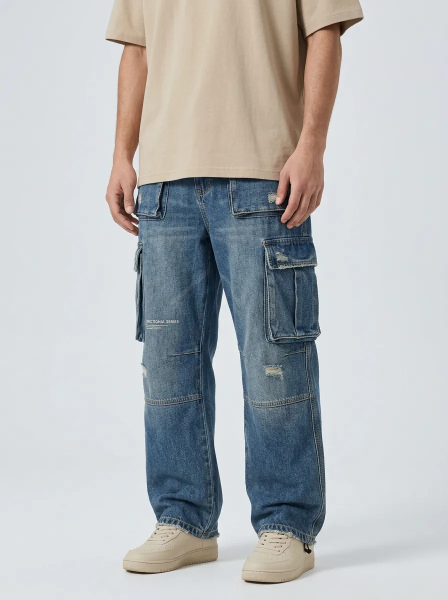 Men's Streetwear Distressed Denim Multi-Pocket Cargo Jeans