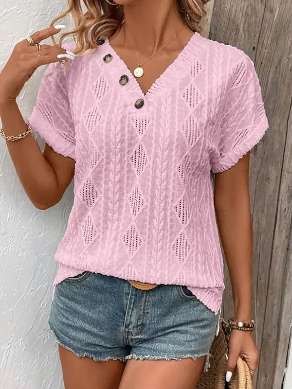 Relaxed Short Sleeve Button Detail V-Neck T-Shirt